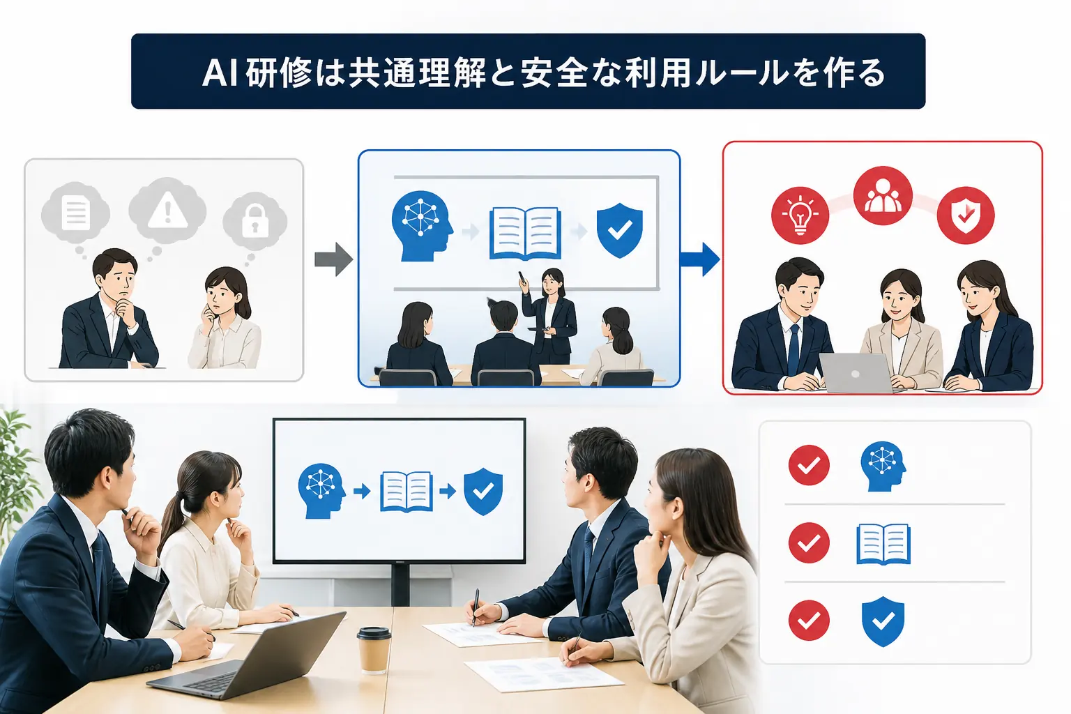 AI研修が社員の共通理解、基本操作、安全ルールを整える図