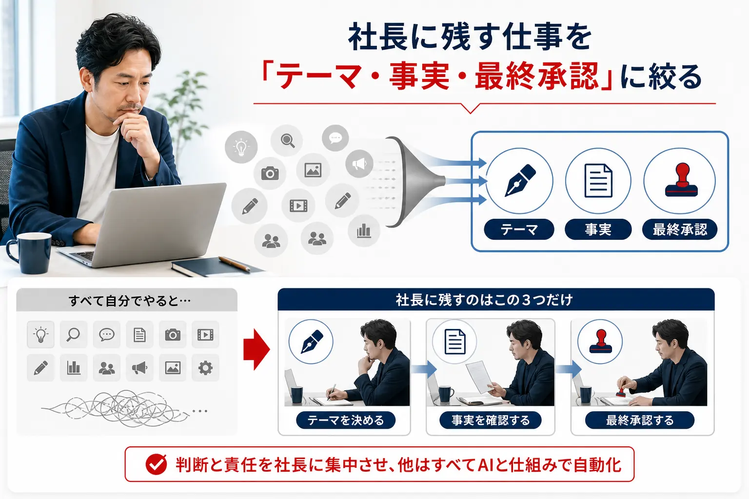 1人社長とAIの役割をテーマ、事実、制作、公開承認に分けた図