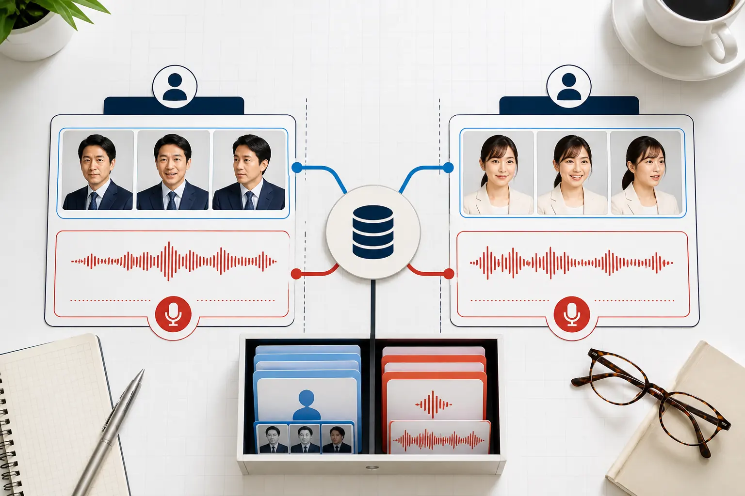 人物ごとの顔、声、利用媒体、承認者を分離した安全な素材管理図