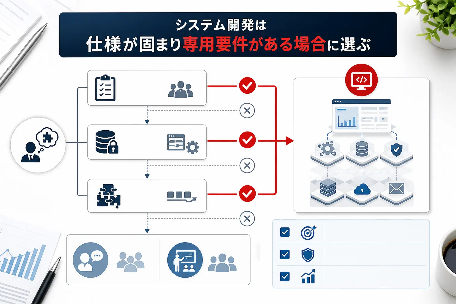 AI研修、AI顧問、システム開発を目的と要件成熟度で比較する図