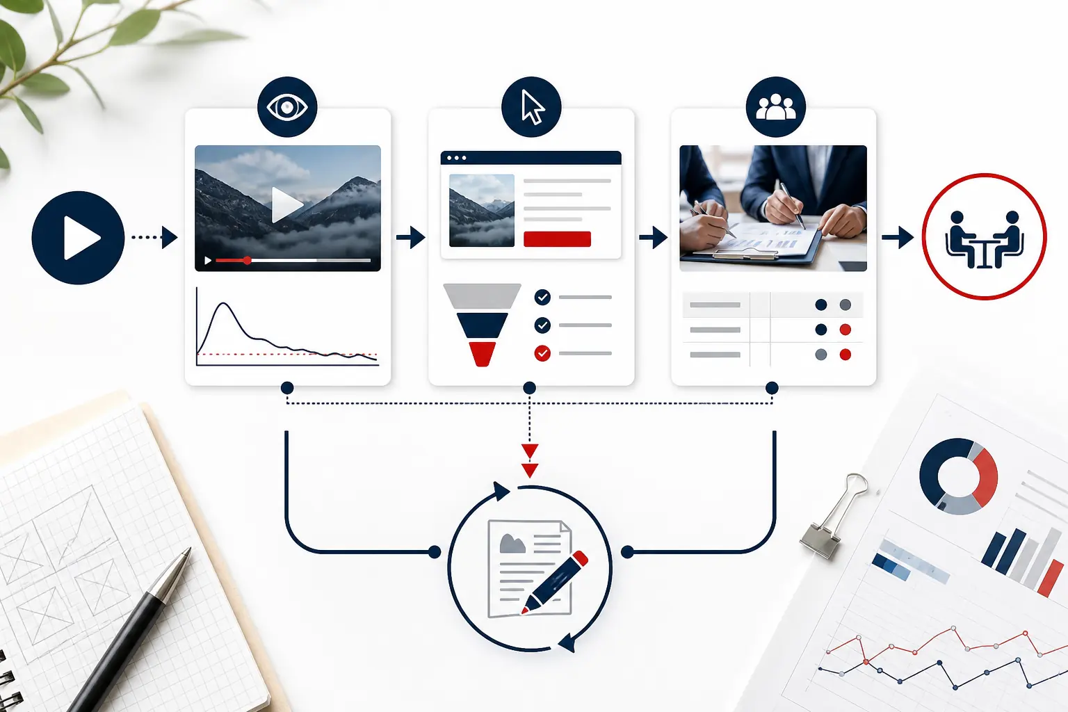 AI動画の再生、クリック、相談、商談を段階別に測るダッシュボード図