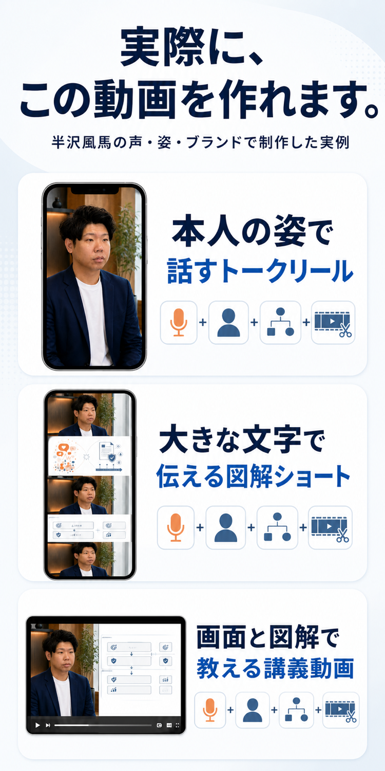 半沢風馬の声と姿で制作したトークリール、図解ショート、講義動画の実例