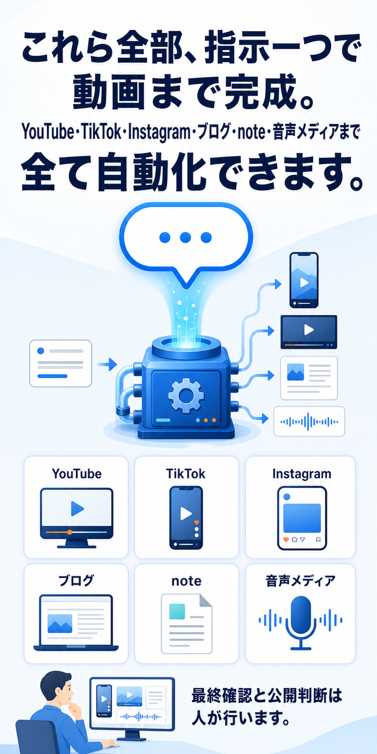 指示一つからYouTube、TikTok、Instagram、ブログ、note、音声メディアへ展開
