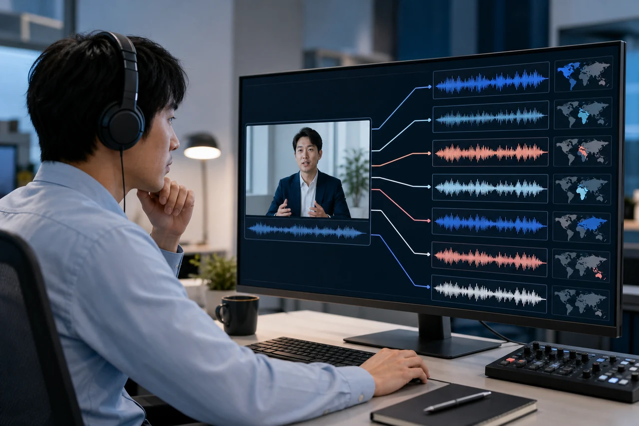 1本の企業動画に複数言語の音声トラックを追加して確認する担当者