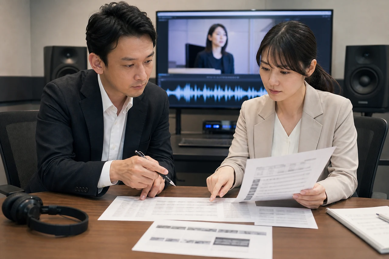 自動吹き替えの音声と用語表を照合する翻訳担当者と事業担当者
