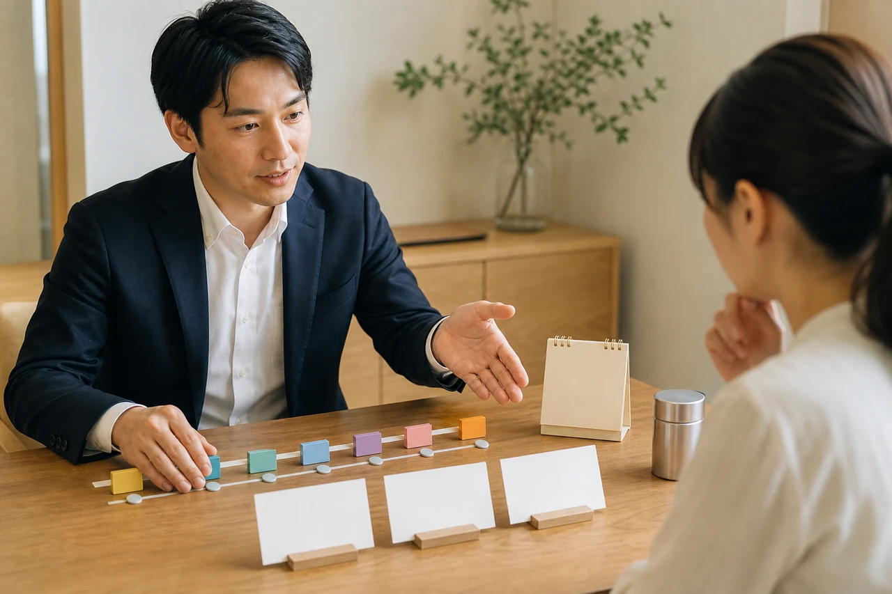 過去の顧客接点を色付きの履歴に整理し再アプローチ案を確認する営業担当者