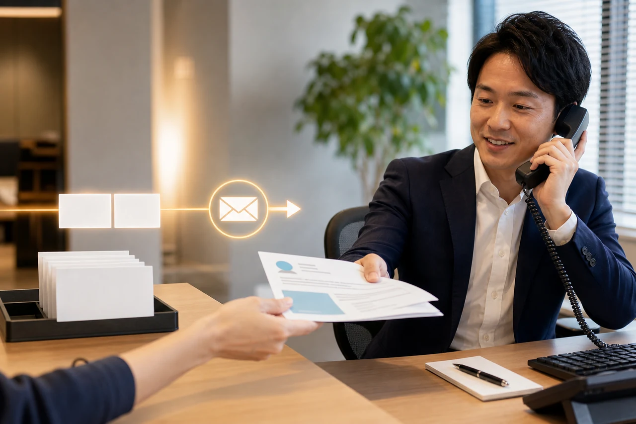 自動配信の反応を受け取って顧客履歴とともに電話対応へ移る営業担当者