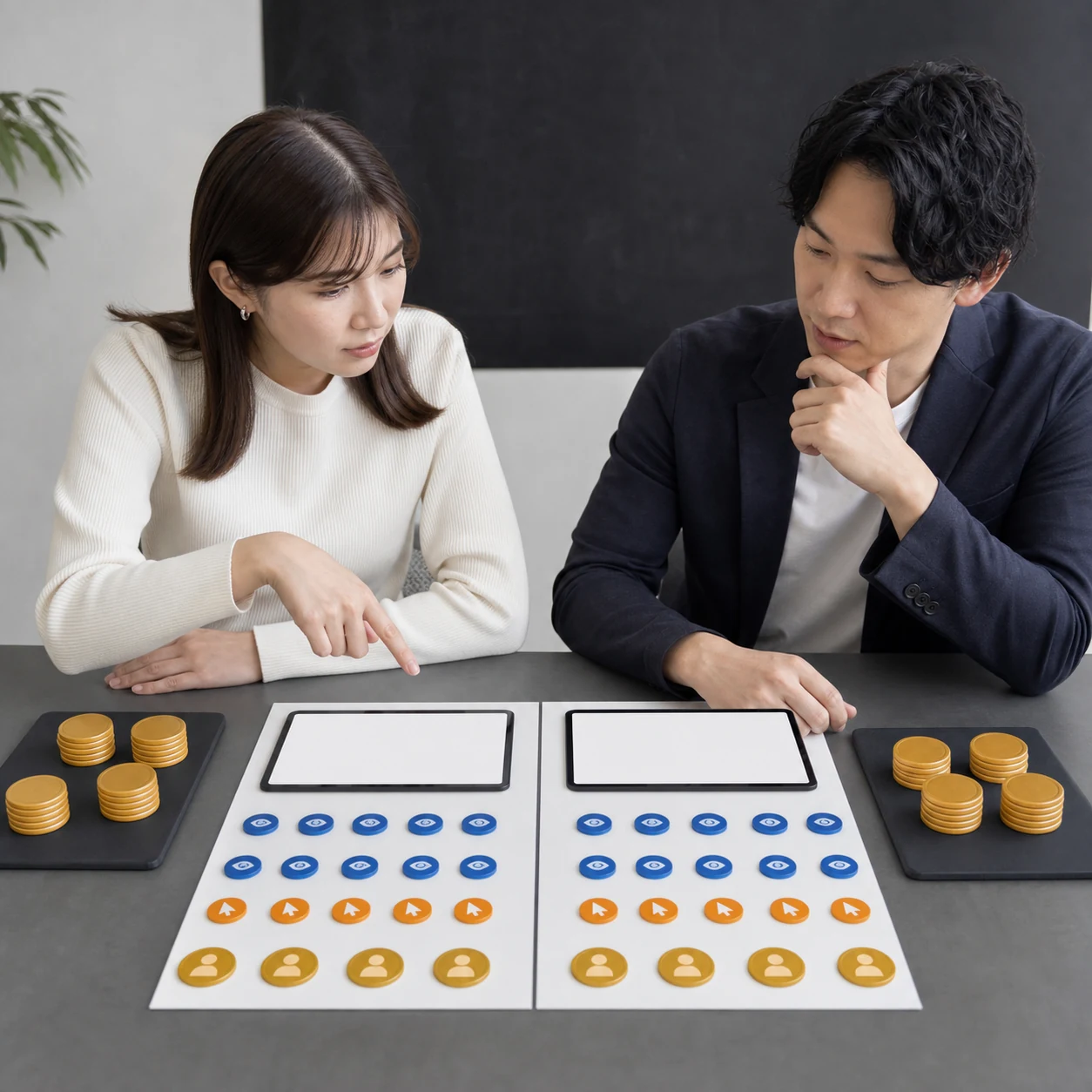 同じ予算と成果指標で二つの動画広告を比較するマーケティング担当者