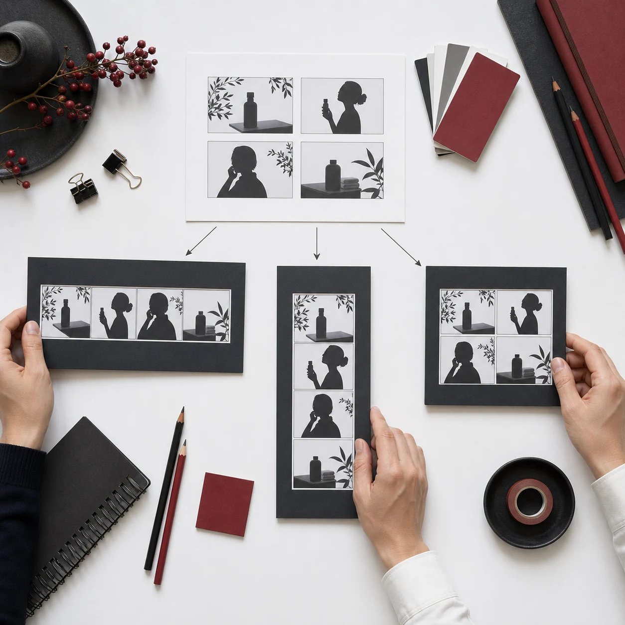 共通の絵コンテを横型・縦型・正方形に組み替える制作デスク