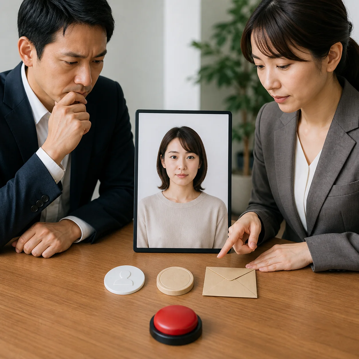 人物・許諾・宛先を照合してAI営業動画の送信を承認する二人の担当者
