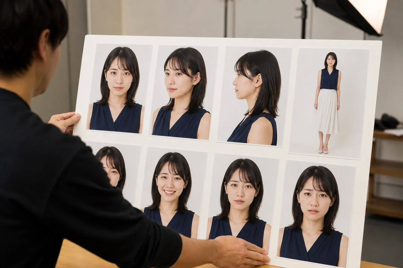 正面・斜め・横顔・全身・表情差をそろえた承認済み人物参照セット