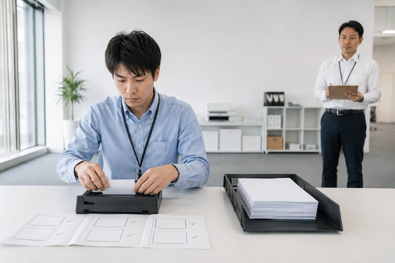 初めて業務を行う人がマニュアルをテストし更新点を記録する様子