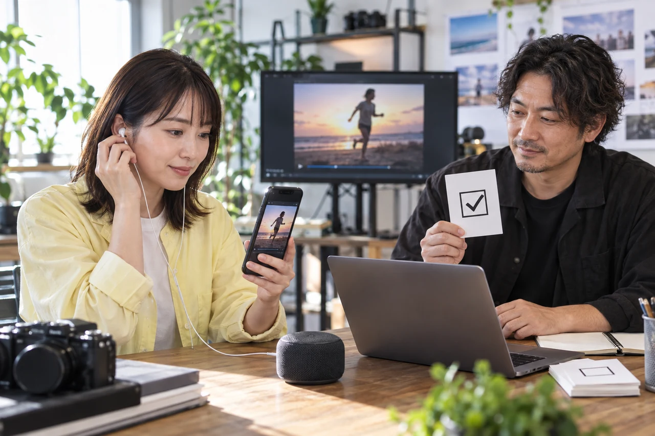 スマホ本体・イヤホン・小型スピーカーで動画音声を最終確認する担当者