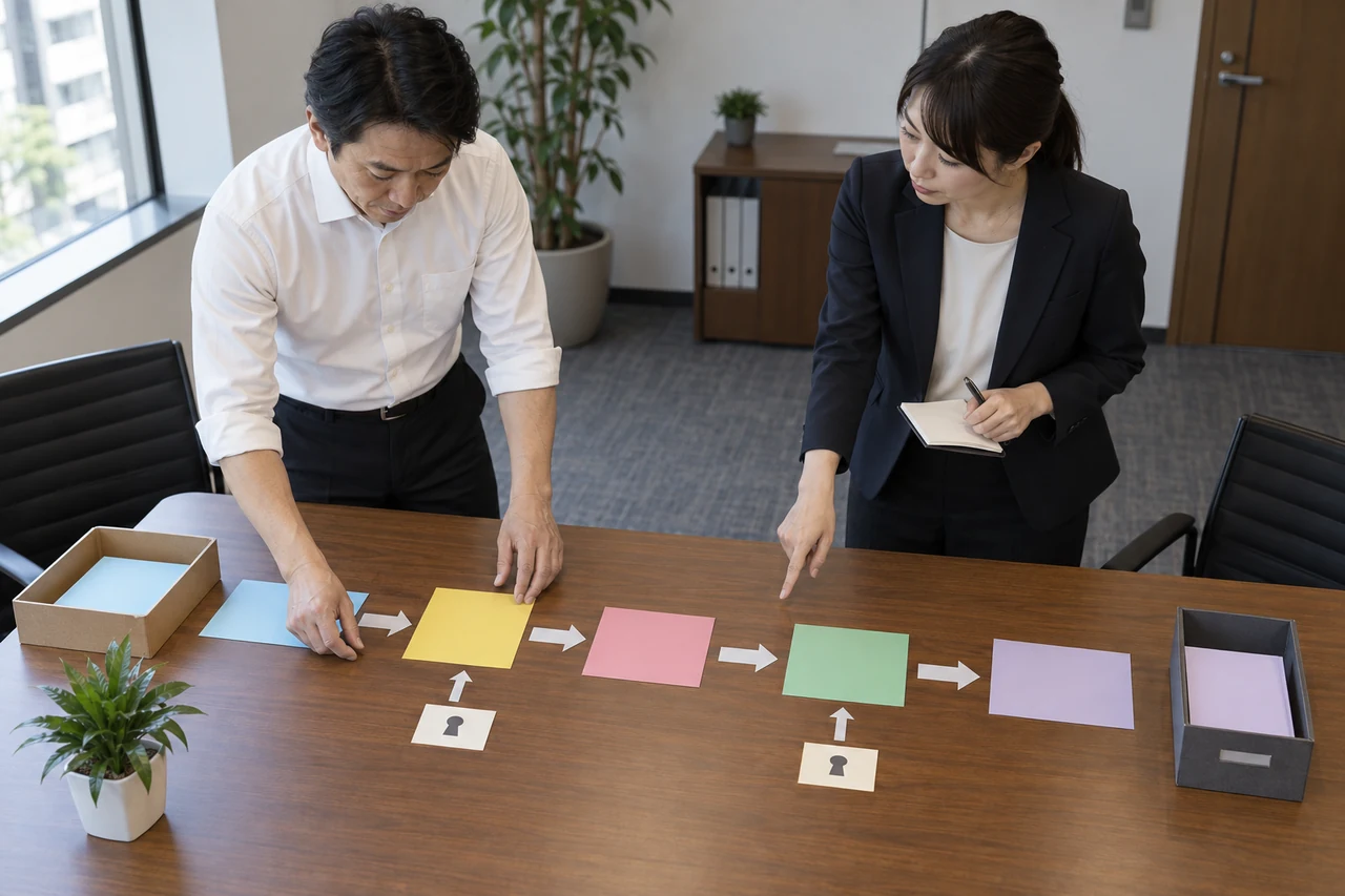 受信からAI入力・出力・保存までのデータ経路を紙カードで確認する管理者