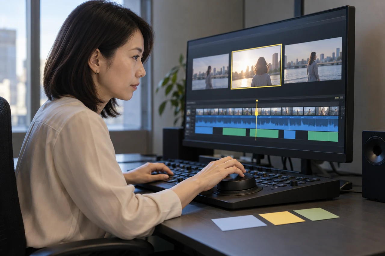 AIが示したタイムコード候補を元動画で確認する担当者