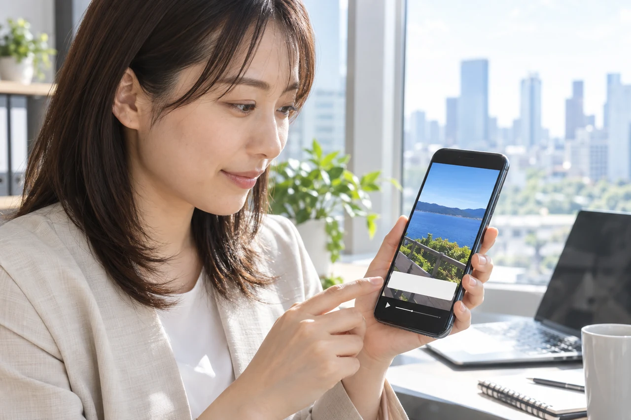 スマートフォン実機で字幕の位置とコントラストを確認する担当者