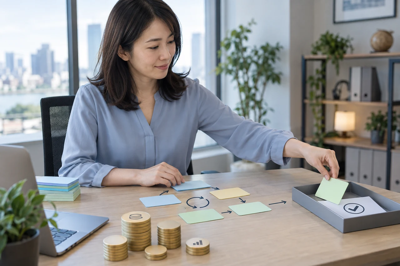 完了業務ごとにAI利用料と再試行を集計する担当者