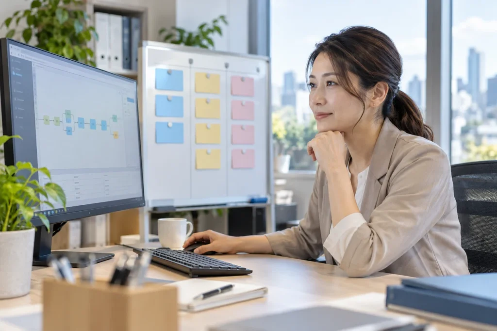 長時間AIタスクの進捗を確認する日本人業務担当者