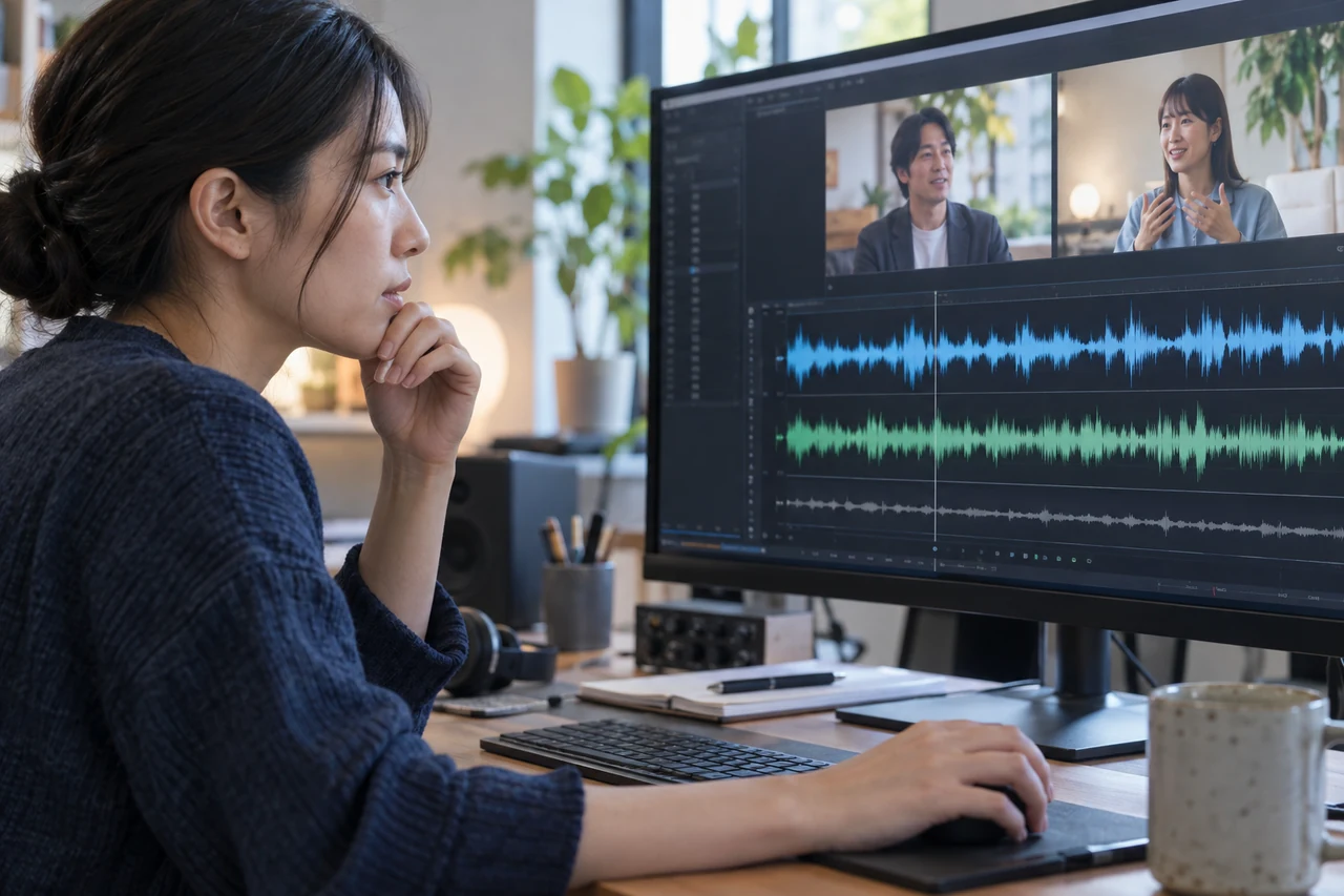 二人の声と背景ノイズを別系統で確認する編集画面