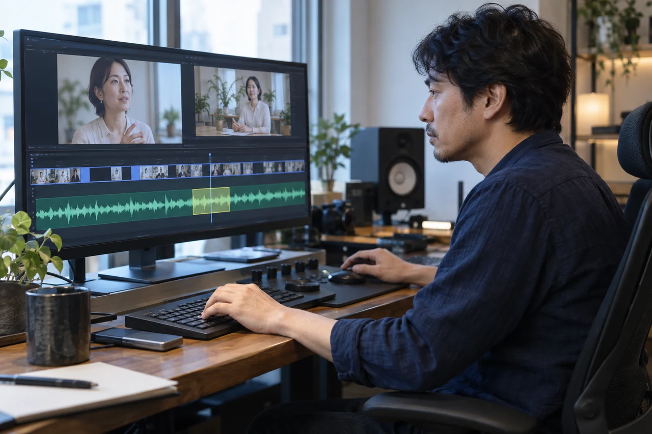 対談音声の重複区間だけを短く選択する編集者