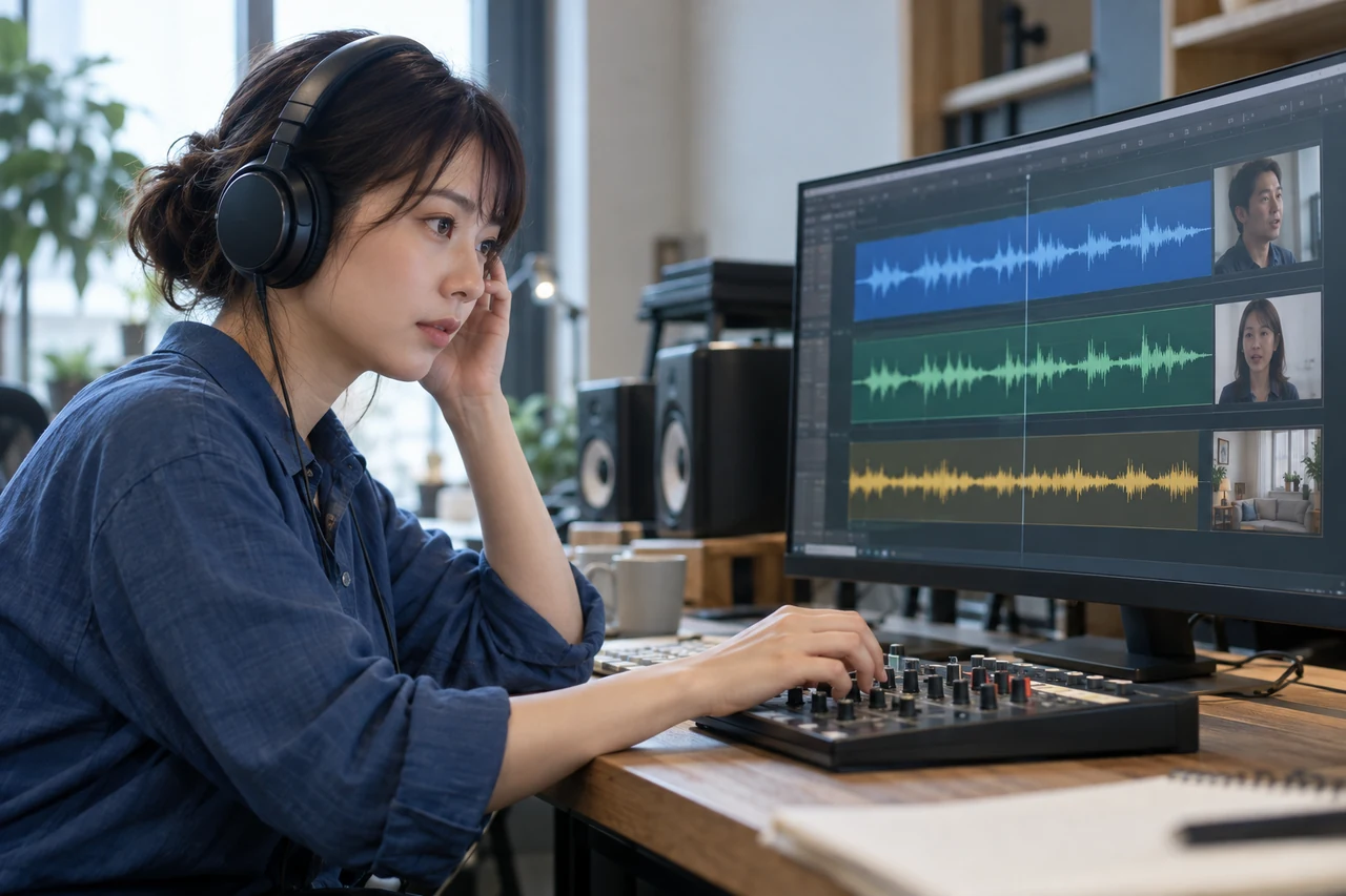 話者別音声と環境音を聞き比べて調整する制作者