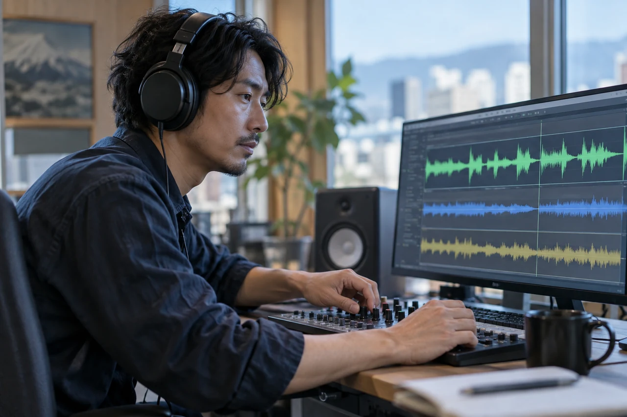 会話を優先して環境音と効果音を調整する編集者