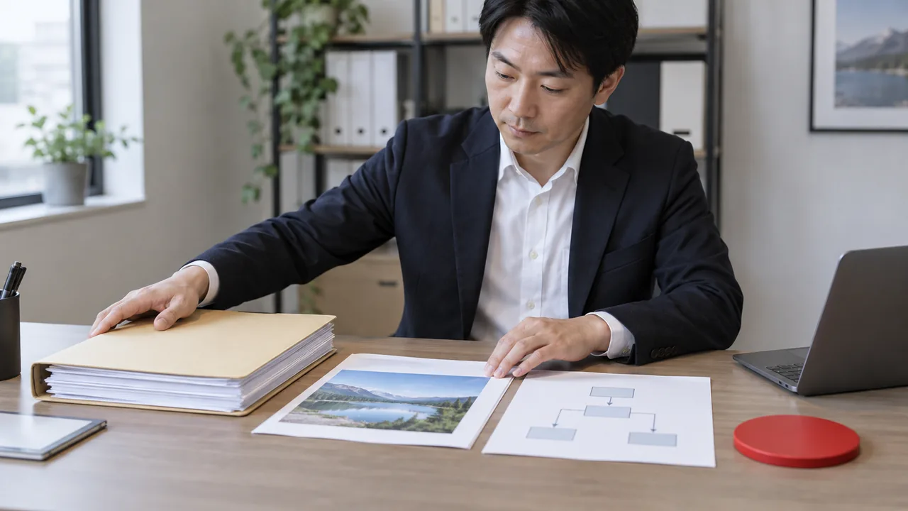 正本資料と良い見本と停止条件を一枚の仕事票へ整理する場面