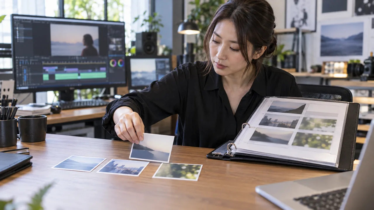 生成された動画の場面順と原本の事実を照合する担当者
