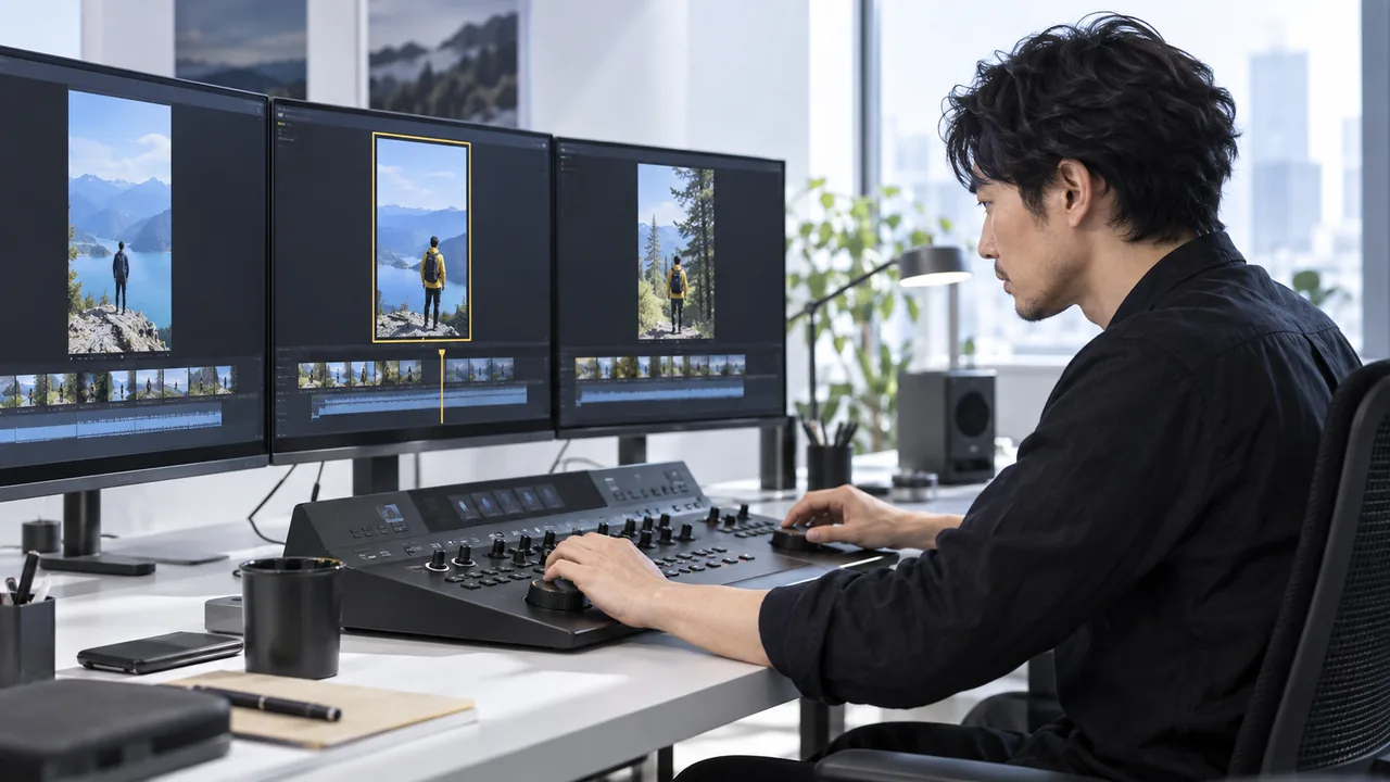 AIが作った縦型動画の初稿をタイムラインで人が修正する編集工程