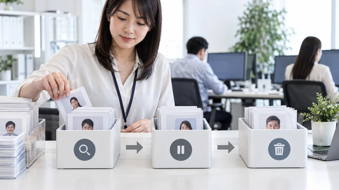連絡先を再確認・配信抑制・削除候補の三段階で扱う可逆的な工程