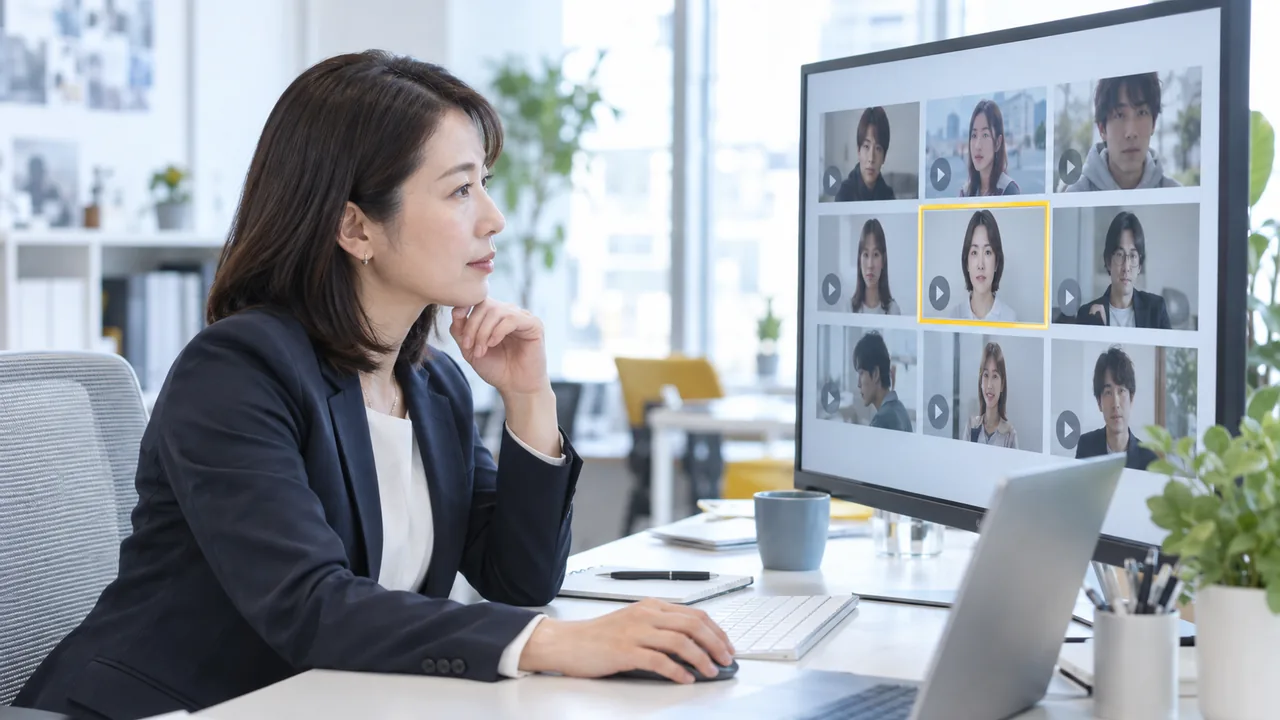 本人の顔や声に似た動画候補を検出画面で確認する企業担当者
