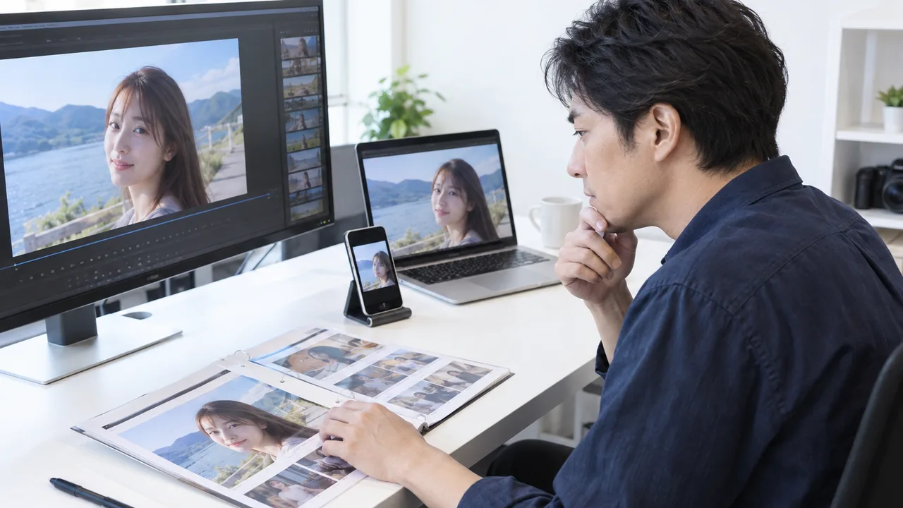 サムネイルと動画内容の一致・素材権利・スマホ縮小表示を検品する場面