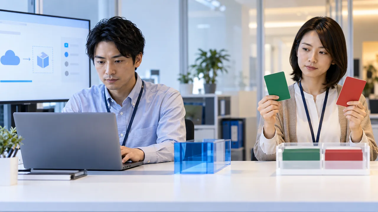 安全な試験環境で権限申請と承認・停止条件を確認する担当者