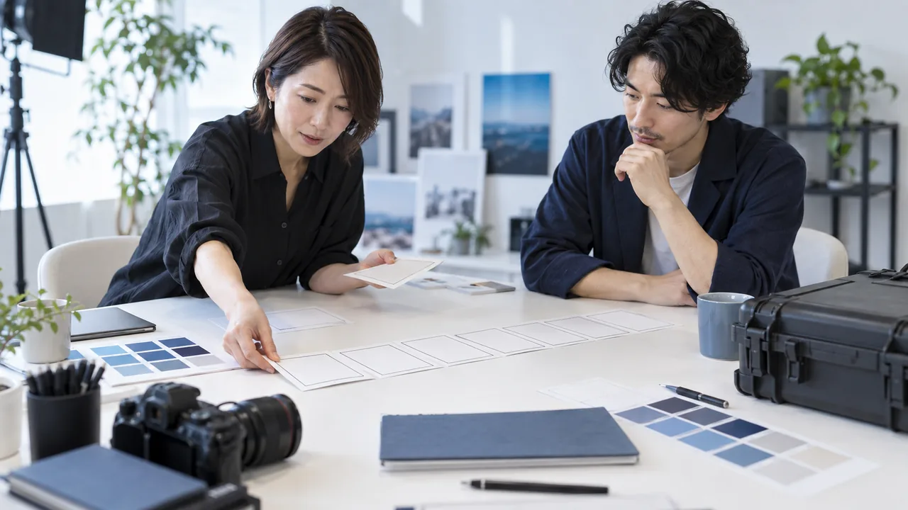 撮影前に絵コンテとブランド条件を順番に整理する動画制作者