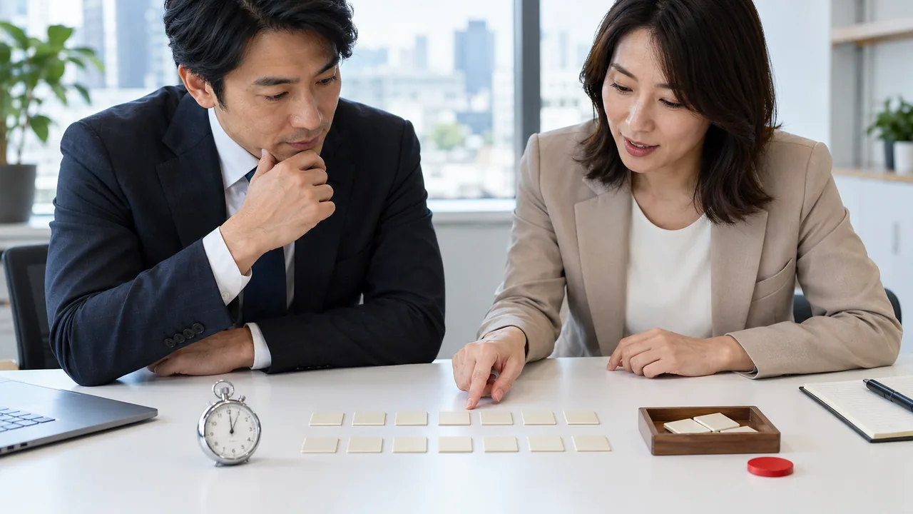 14日間の処理時間・修正件数・停止記録を比較する経理と業務担当者