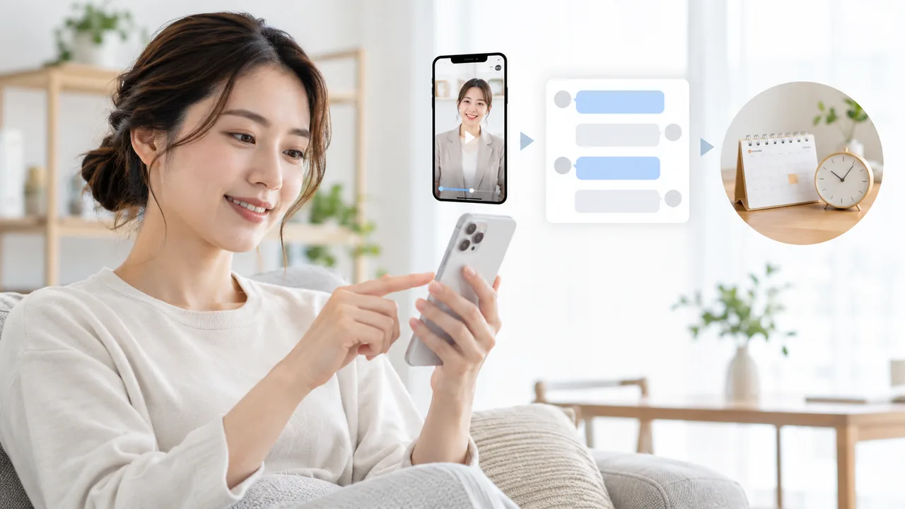 短尺動画を見た見込み客がスマートフォン上の会話で次の行動を確認する場面