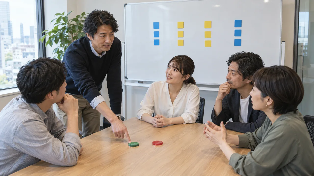 五人の小規模チームが三十日間の生成AI業務試験を振り返る場面