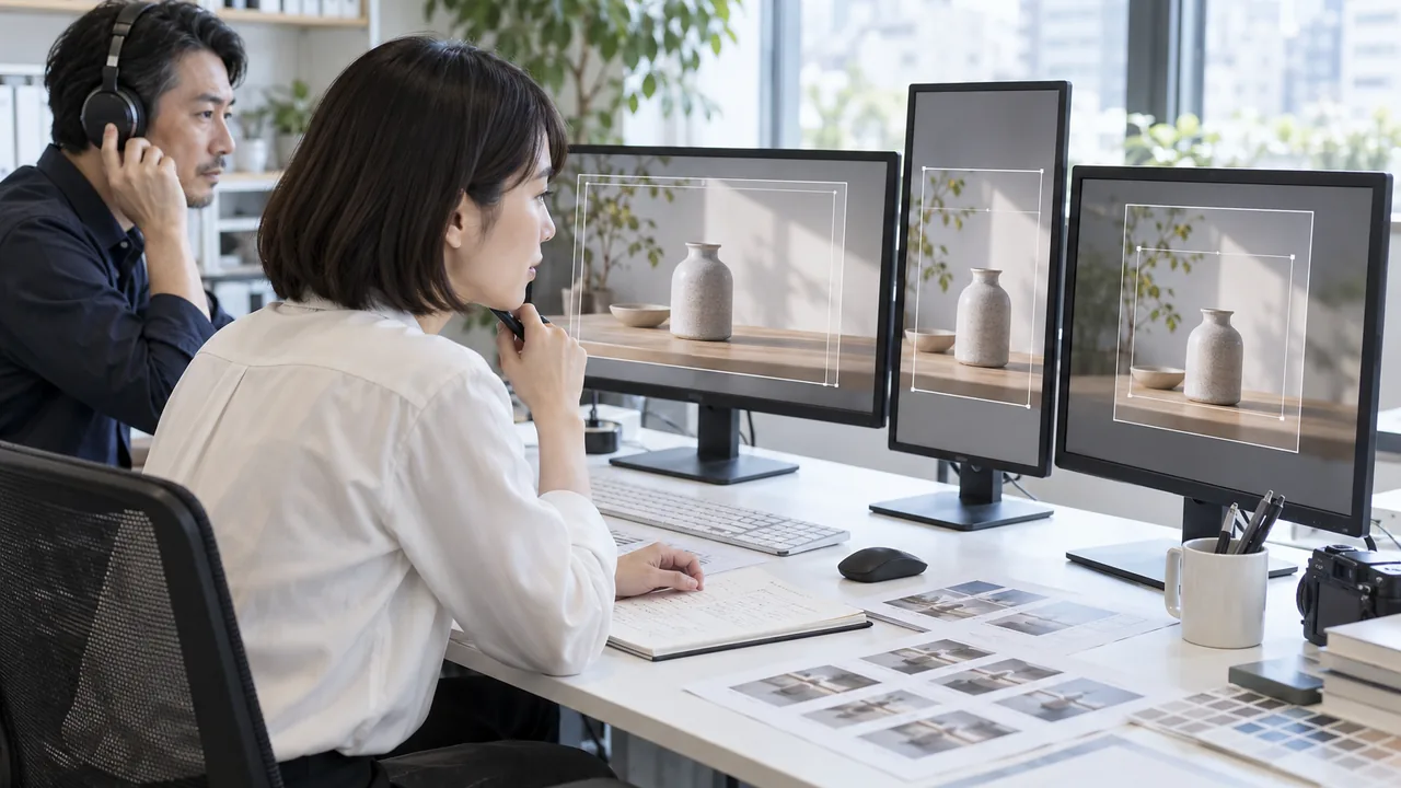 横・縦・正方形の動画広告を実寸で比較検品するQA担当者