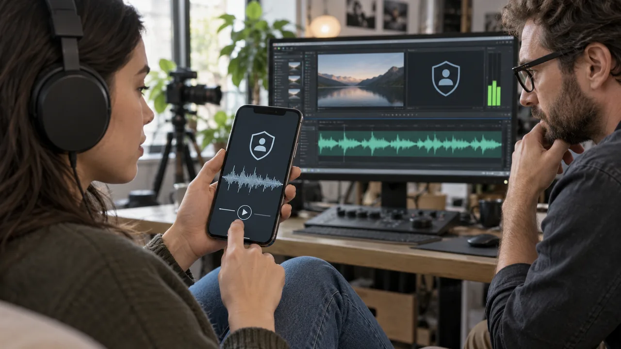 音楽プレーヤーのAI関与バッジと波形を確認する動画制作チーム