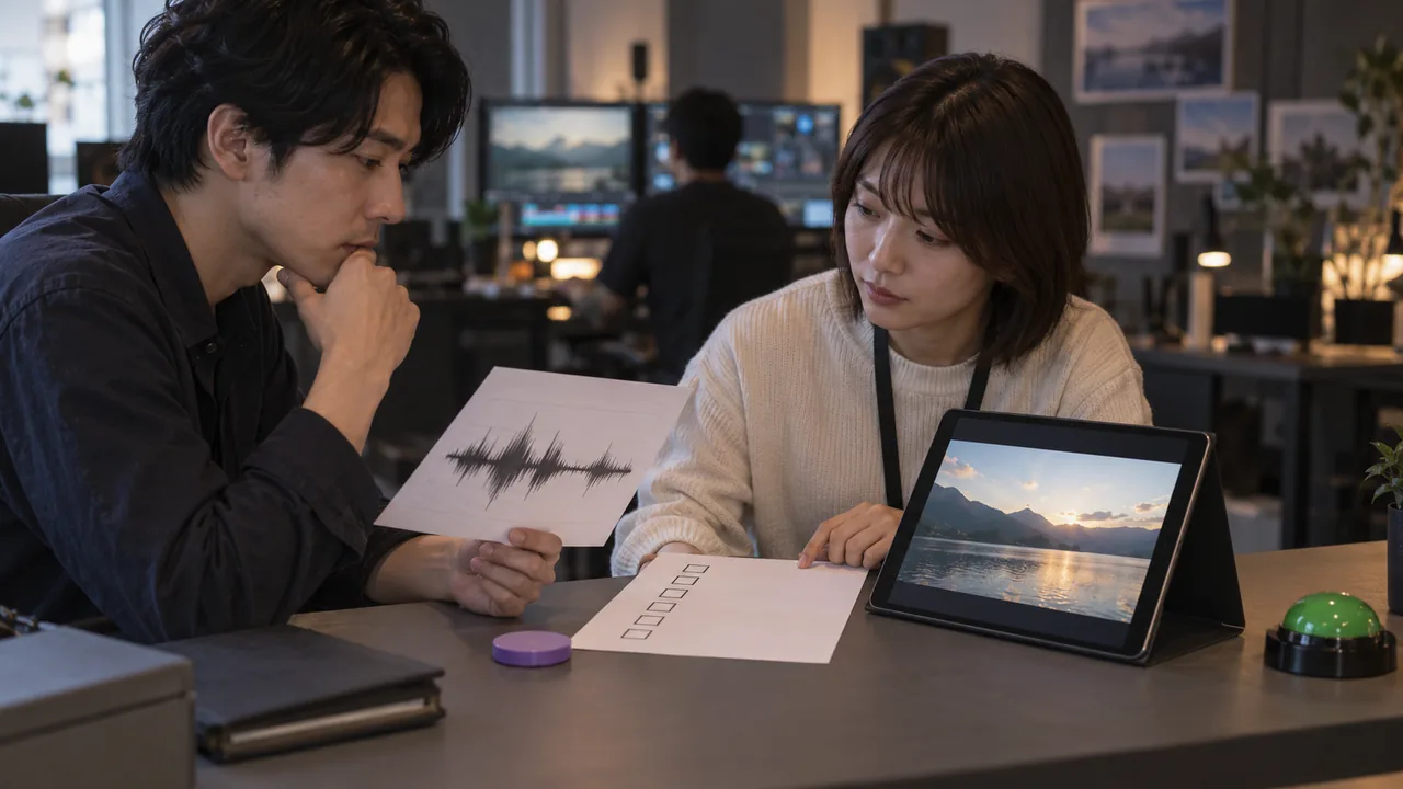 音源の権利チェックと動画プレビューを公開前に照合する日本の担当者二人