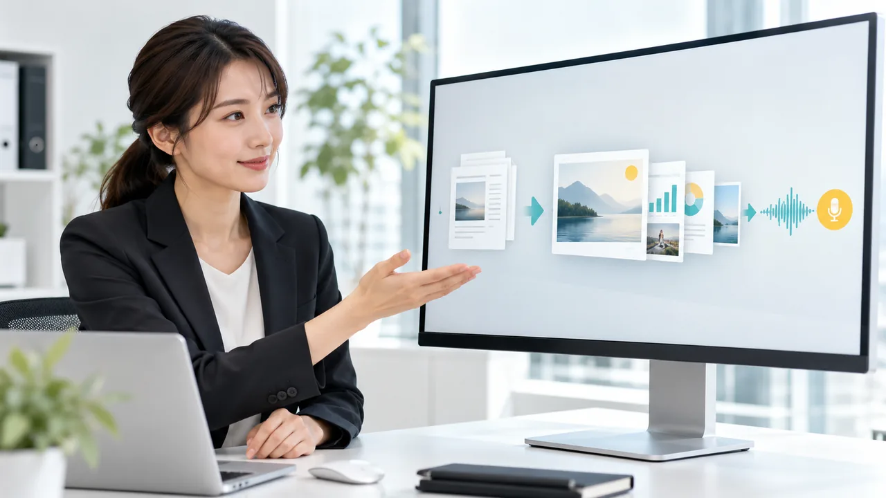 資料がナレーション付きの視覚スライドへ変わる工程を説明する担当者